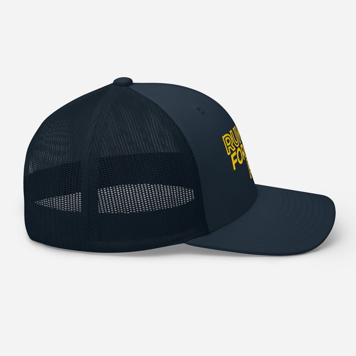 Run Forrest Run navy trucker cap, right side view