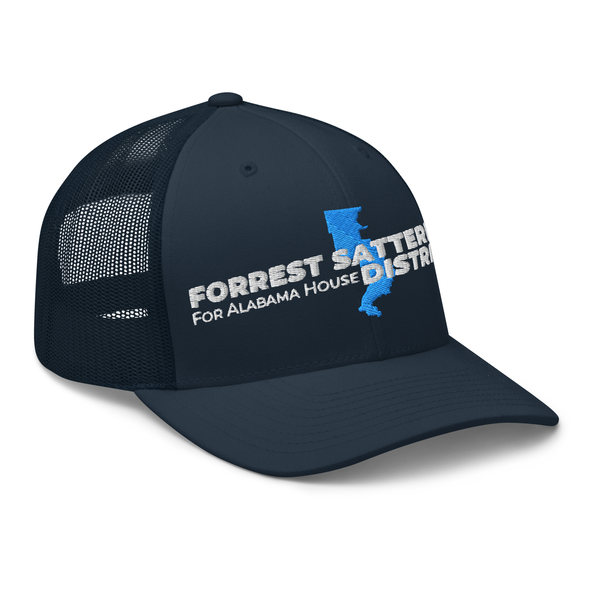 Forrest for Alabama navy trucker cap, right front view