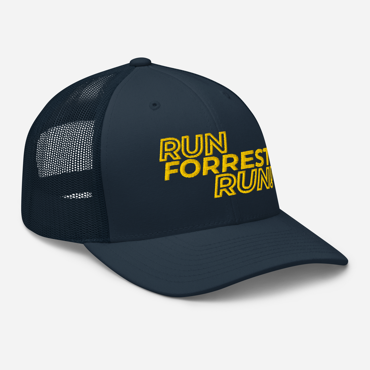 Run Forrest Run navy trucker cap, right front view