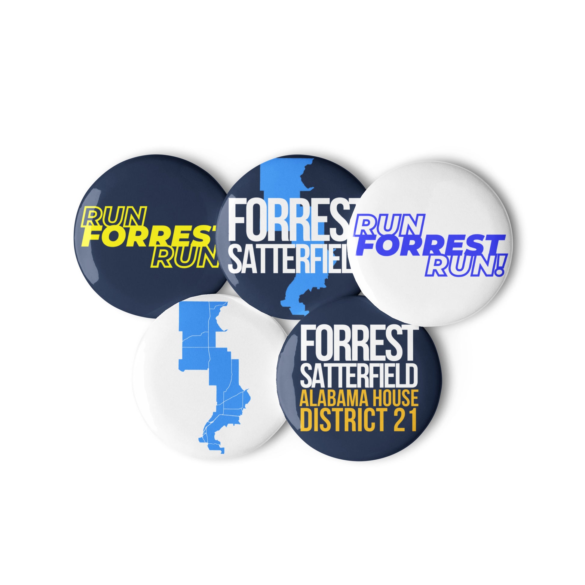 Second front view of the 2.25-inch Forrest for Alabama button set, including the white button with the blue District 21 map outline