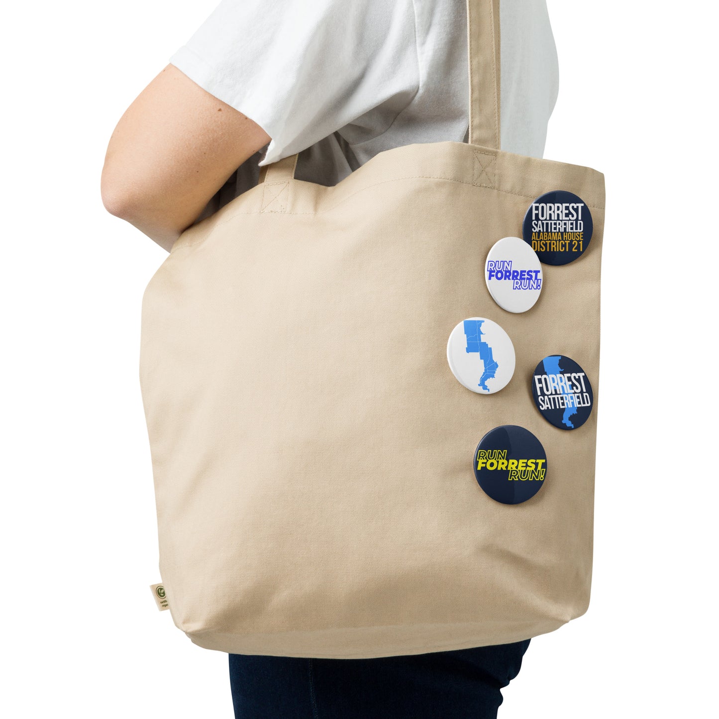 Close-up front view of the glossy 2.25-inch campaign buttons in navy, white, and gold for Forrest Satterfield, Alabama House District 21