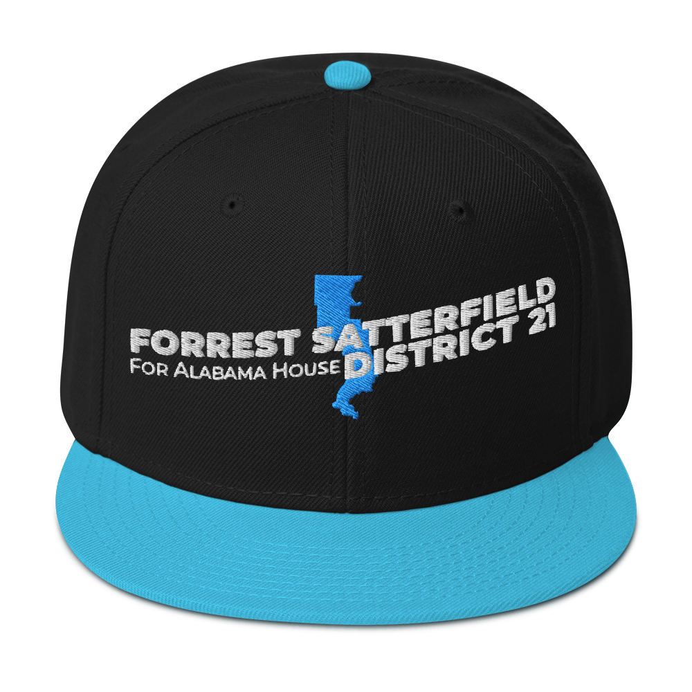 Forrest for Alabama black and aqua snapback hat, front view