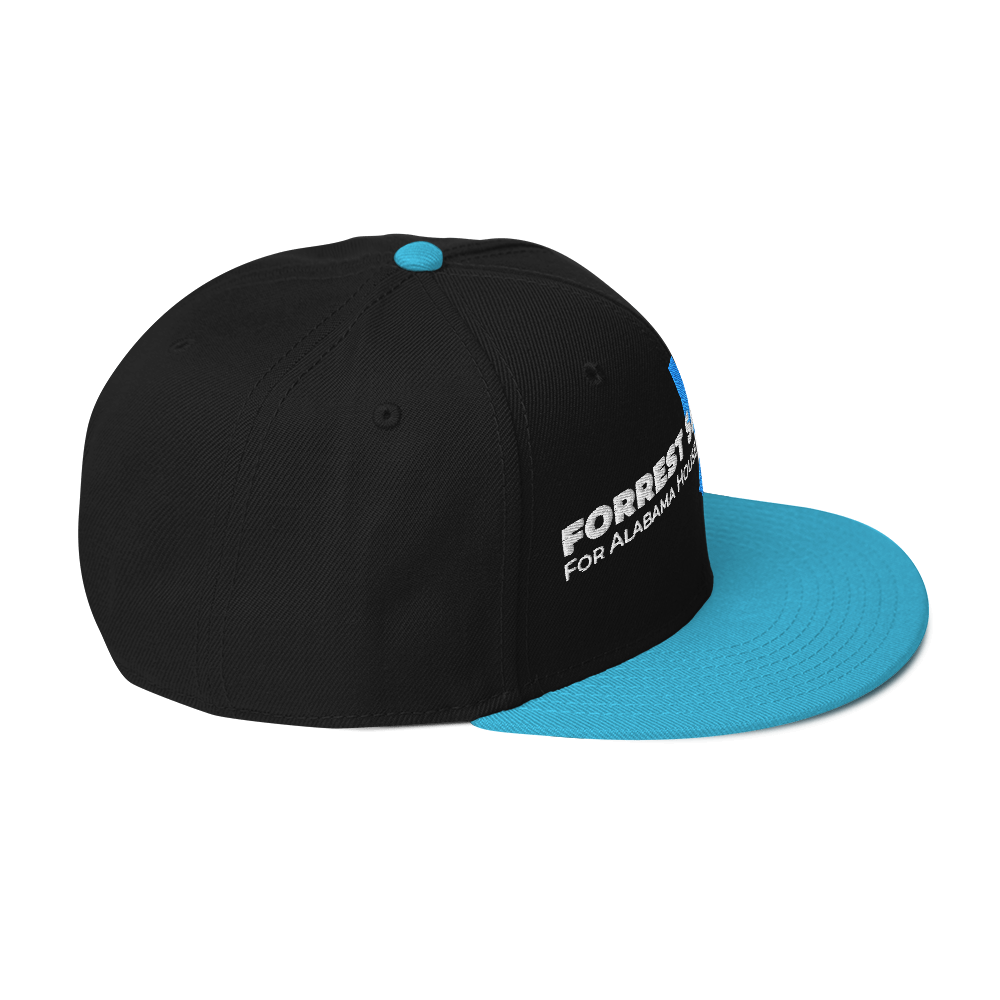 Forrest for Alabama black and aqua snapback hat, right side view