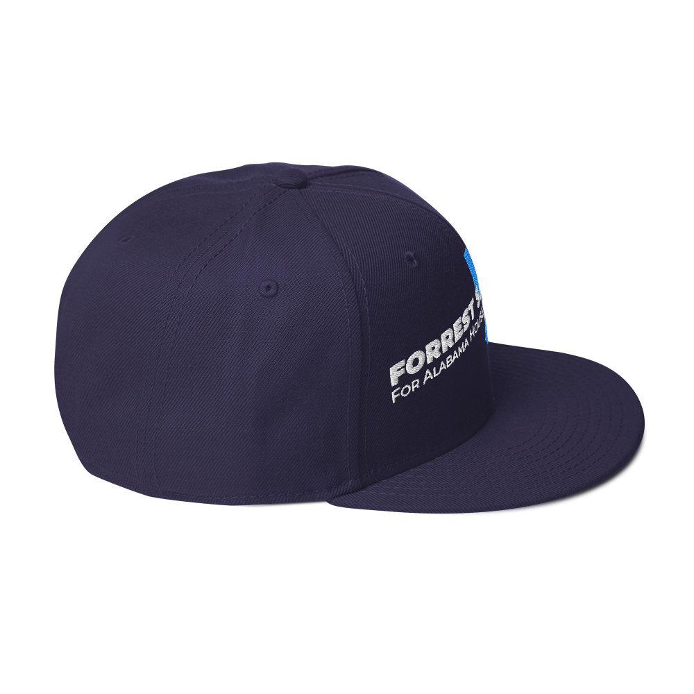 Forrest for Alabama navy blue snapback hat, right side view