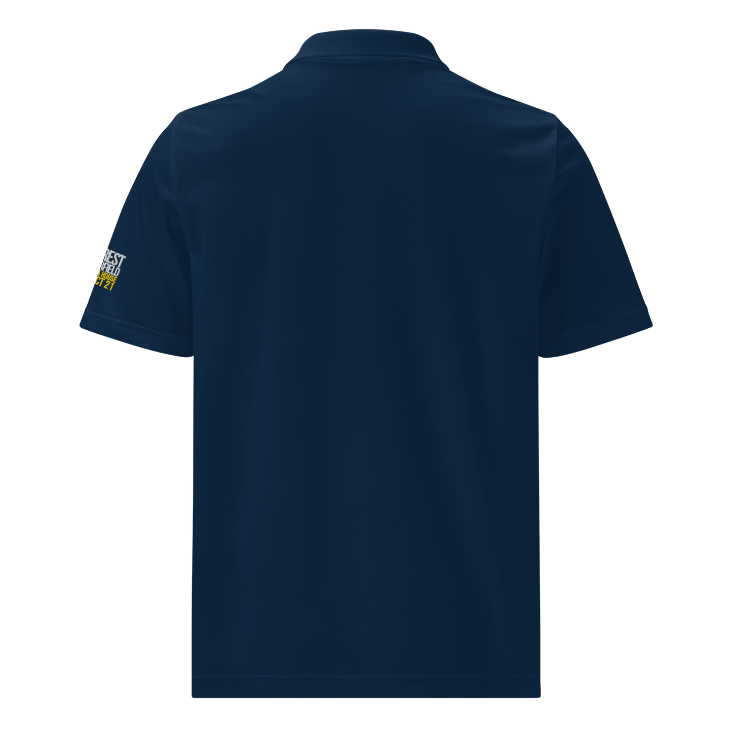 Run Forrest Run collegiate navy Adidas sport polo, back view