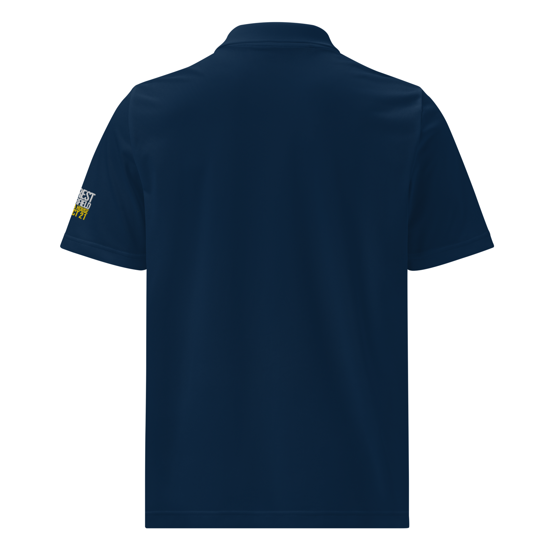 Run Forrest Run collegiate navy Adidas sport polo, back view