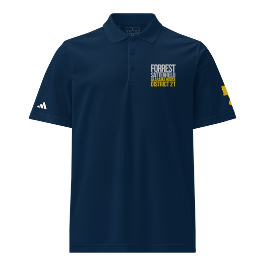 Forrest for Alabama collegiate navy Adidas sport polo, front view