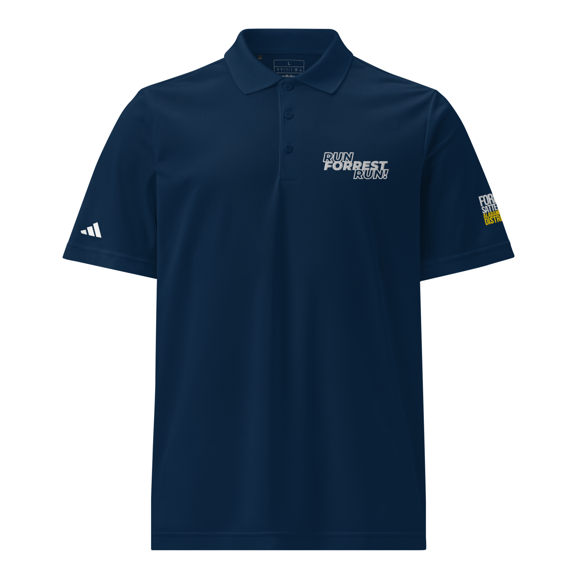 Run Forrest Run collegiate navy Adidas sport polo, front view