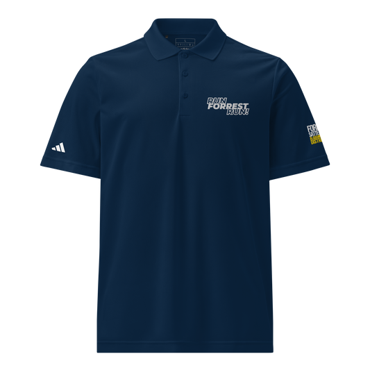 Run Forrest Run collegiate navy Adidas sport polo, front view
