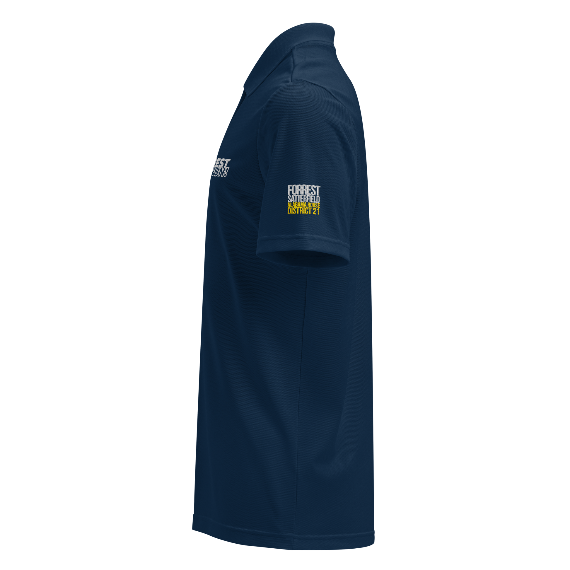 Run Forrest Run collegiate navy Adidas sport polo, left side view