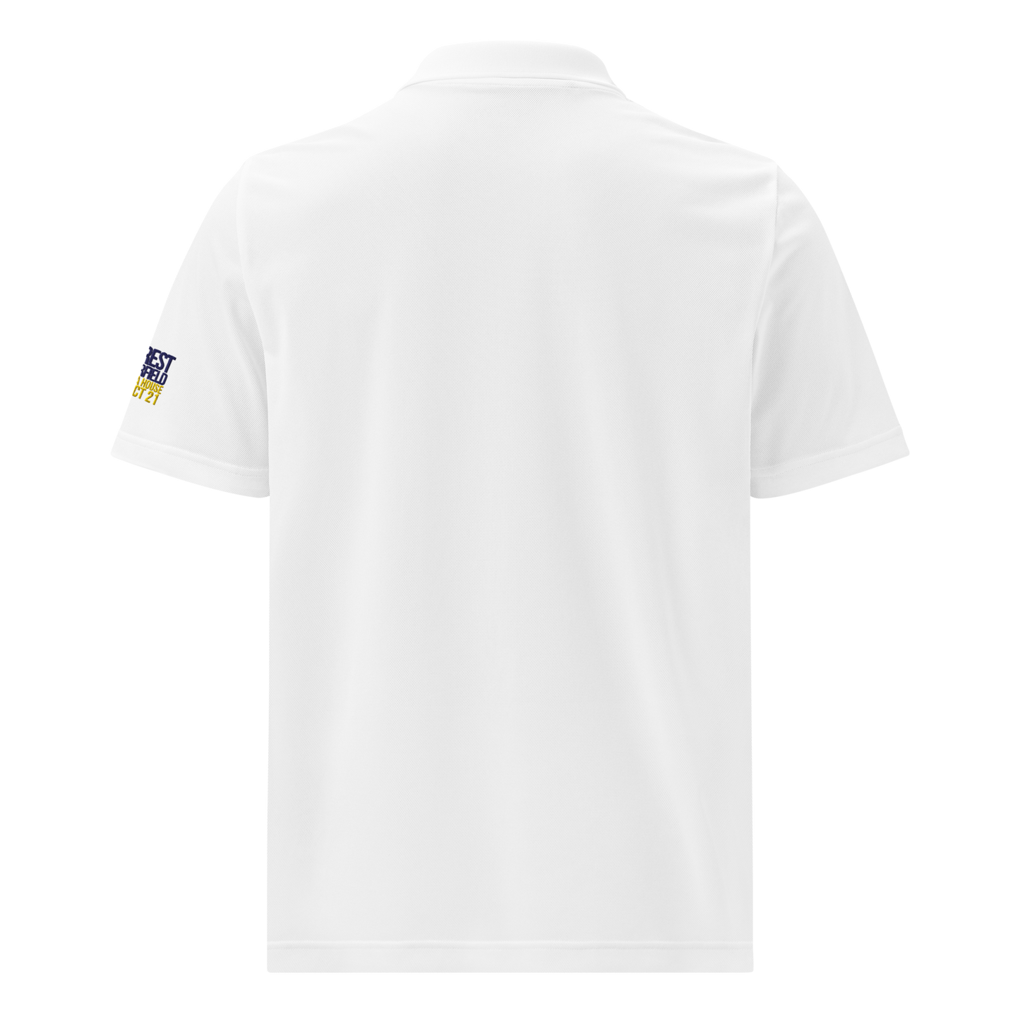 Run Forrest Run white Adidas sport polo, back view