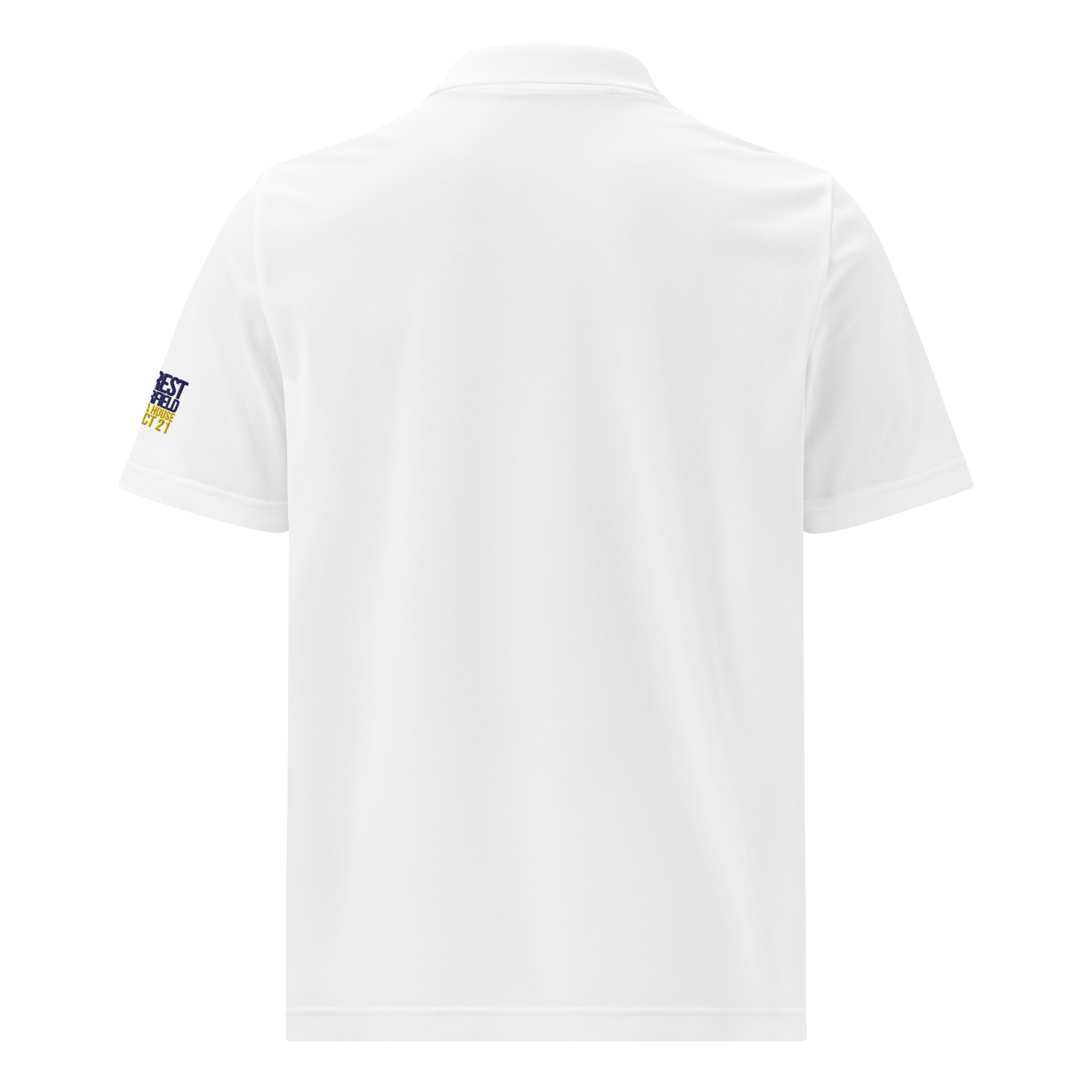 Run Forrest Run white Adidas sport polo, back view