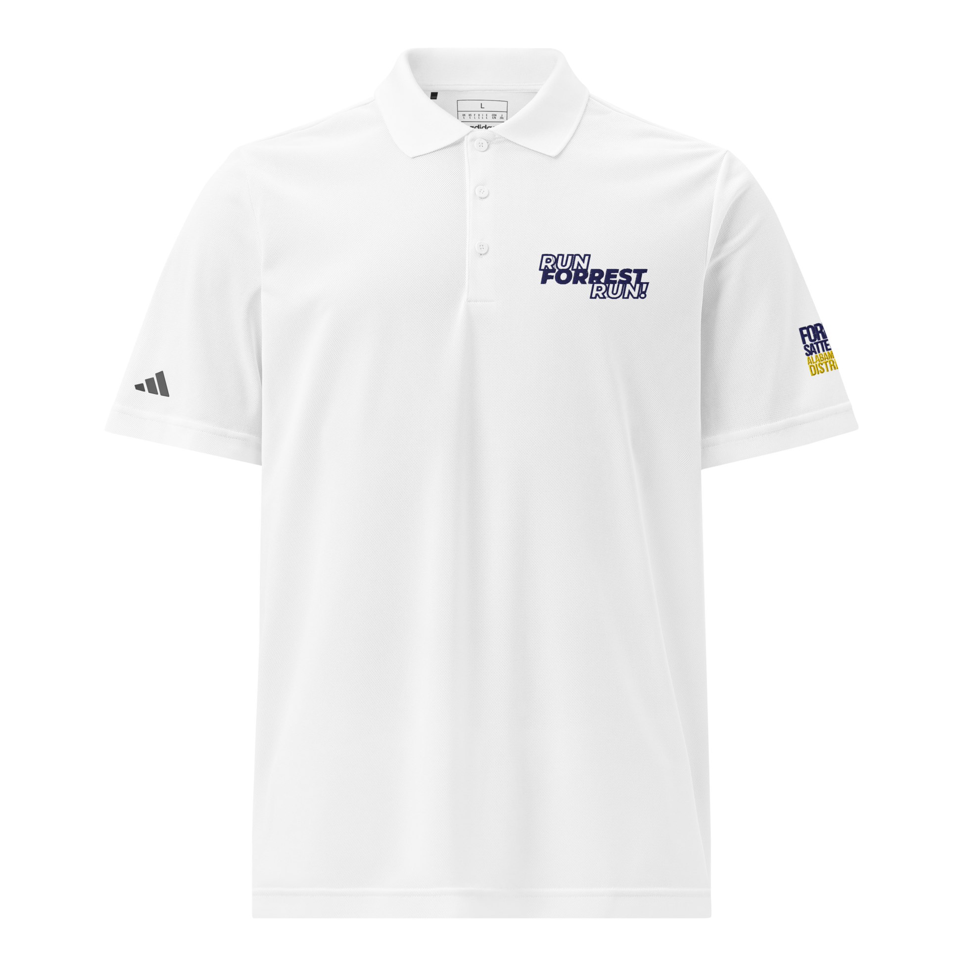 Run Forrest Run white Adidas sport polo, front view