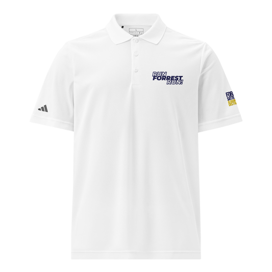 Run Forrest Run white Adidas sport polo, front view