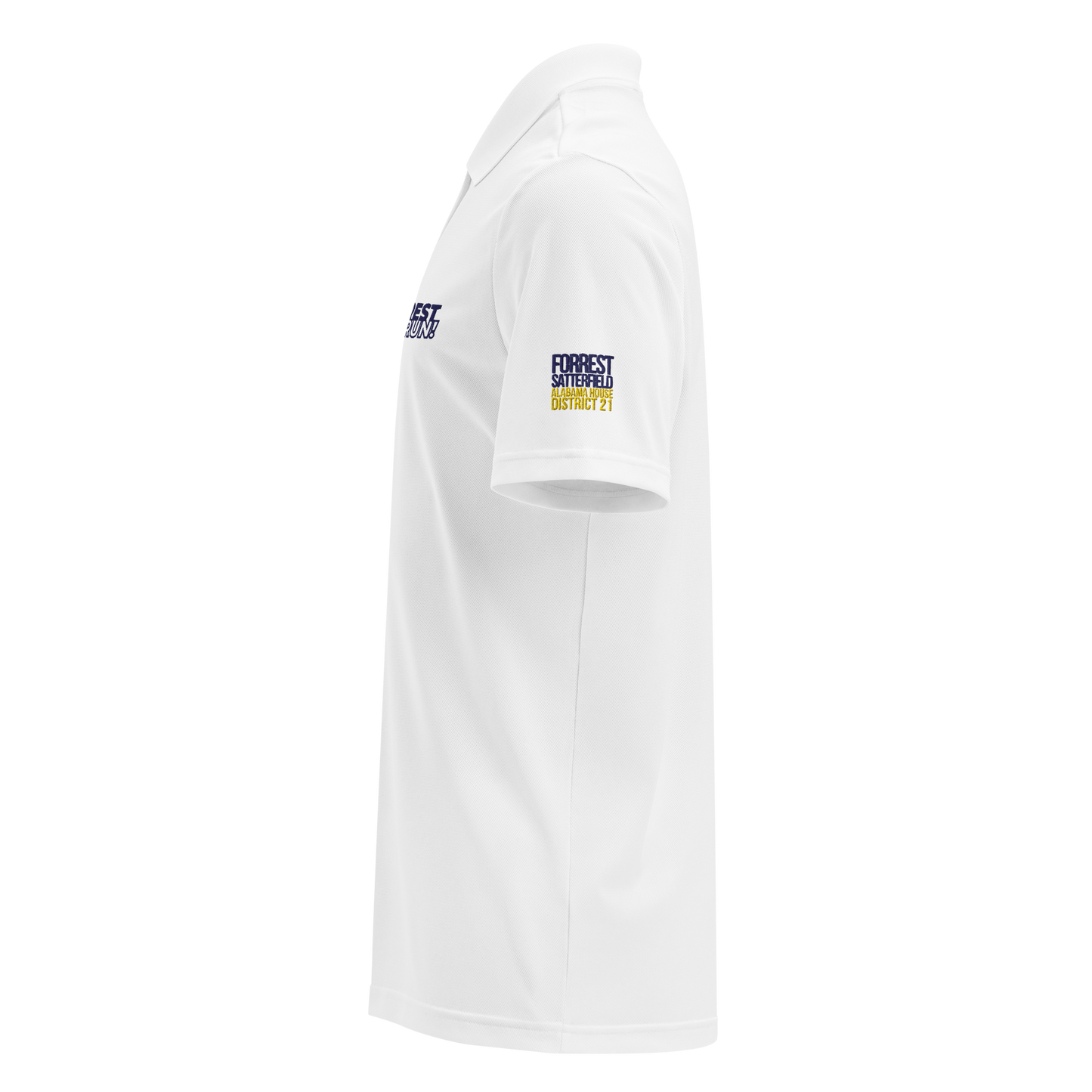 Run Forrest Run white Adidas sport polo, left side view