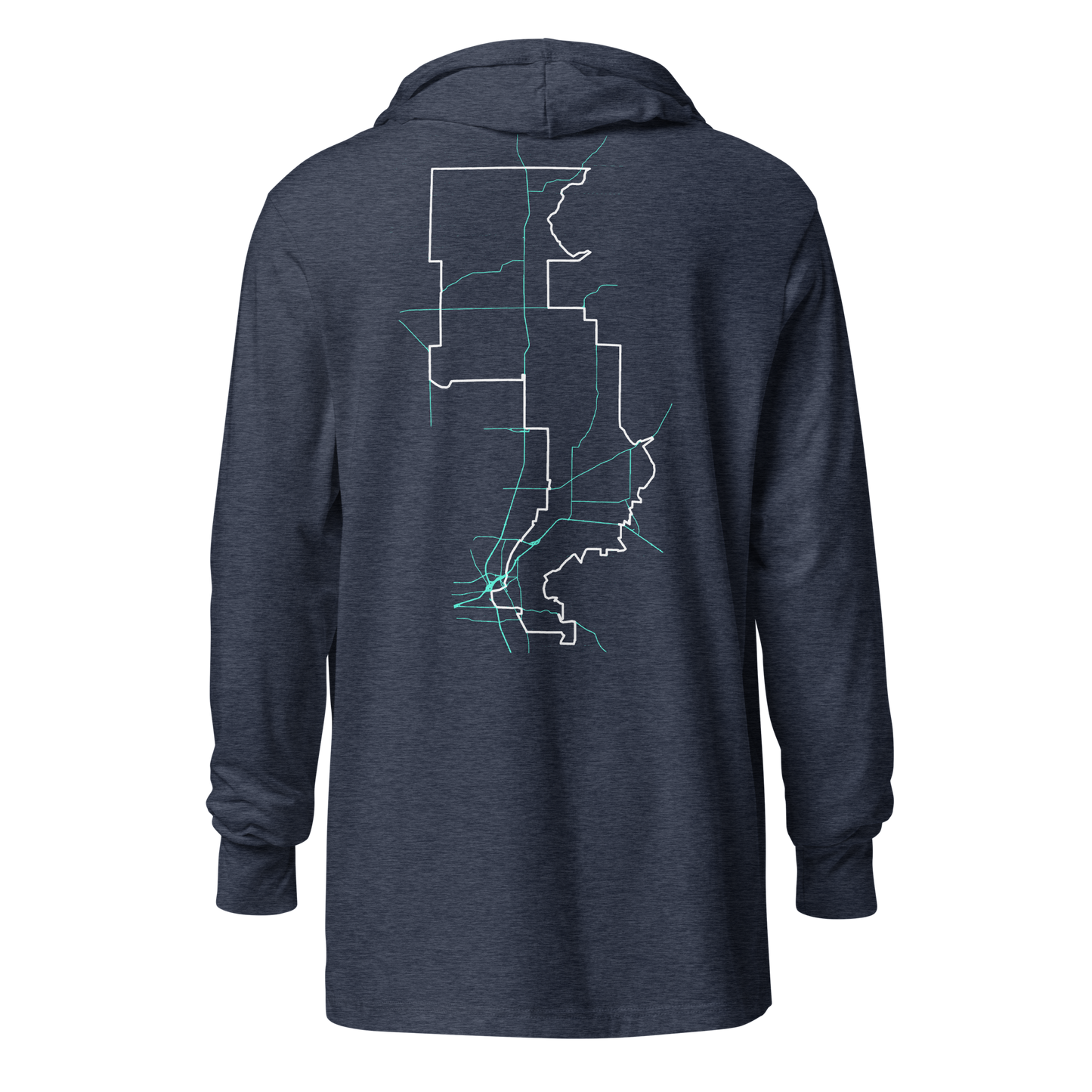 Forrest for Alabama heather navy hooded long-sleeve tee, back view worn