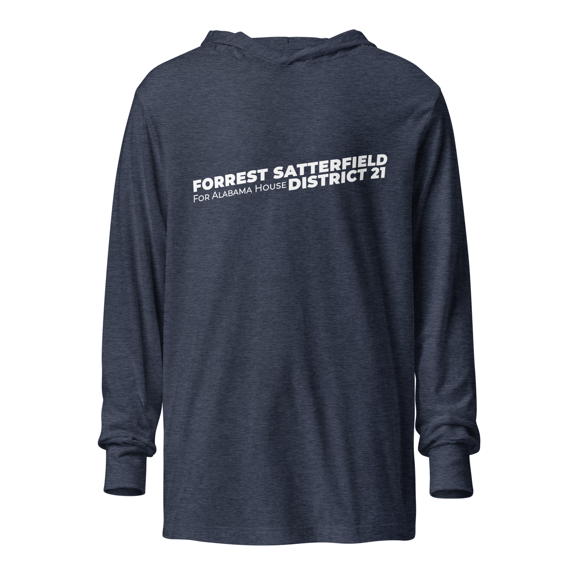 Forrest for Alabama heather navy hooded long-sleeve tee, front view
