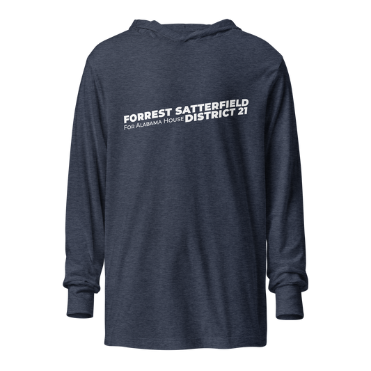 Forrest for Alabama heather navy hooded long-sleeve tee, front view