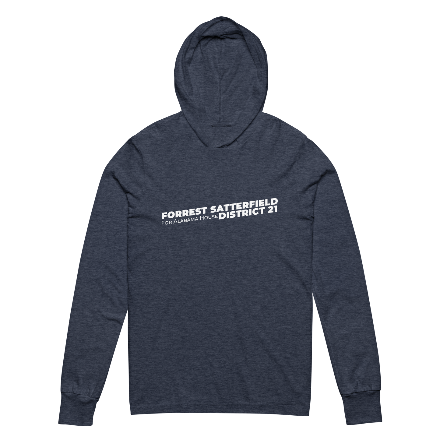 Forrest for Alabama heather navy hooded long-sleeve tee, front view worn