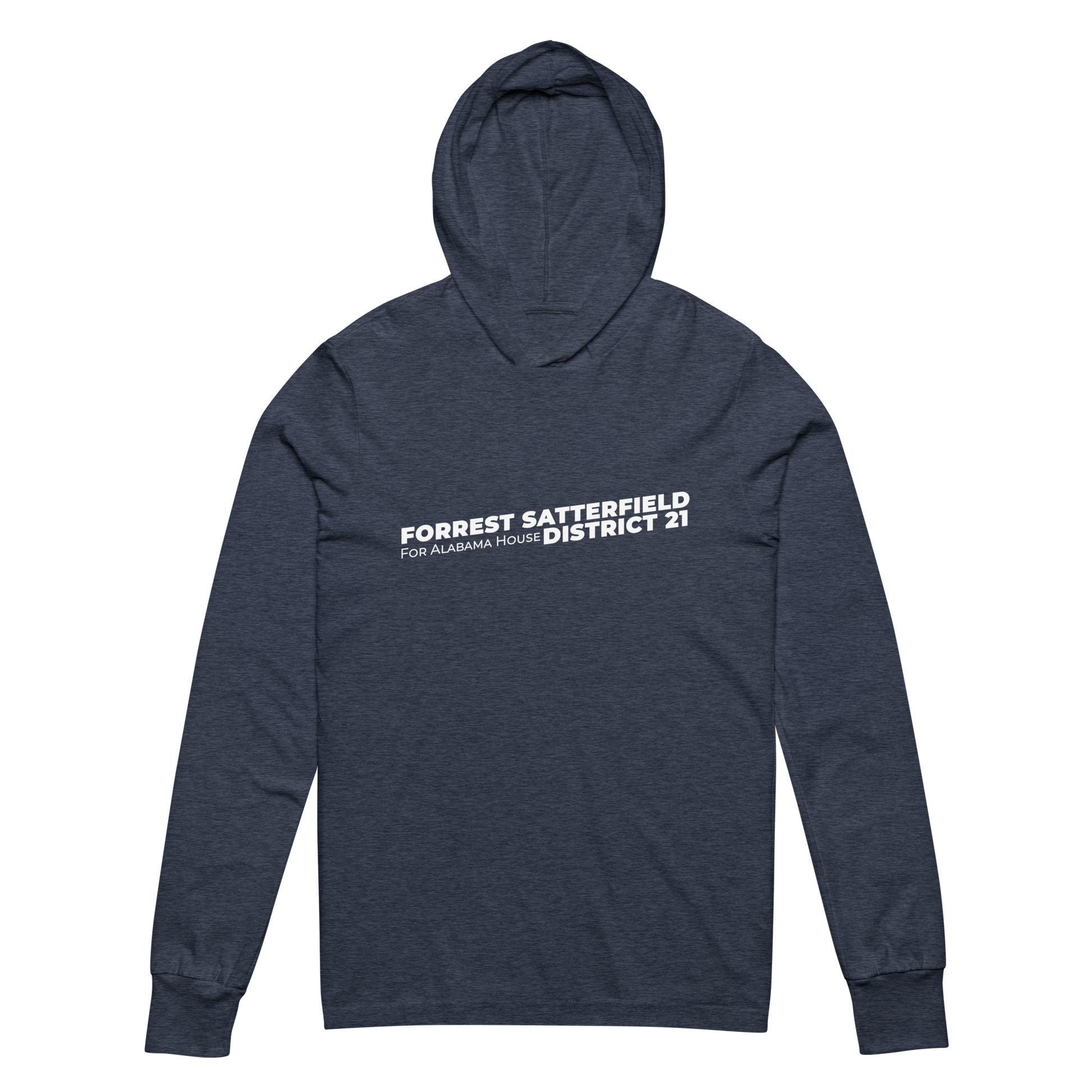 Forrest for Alabama heather navy hooded long-sleeve tee, front view worn