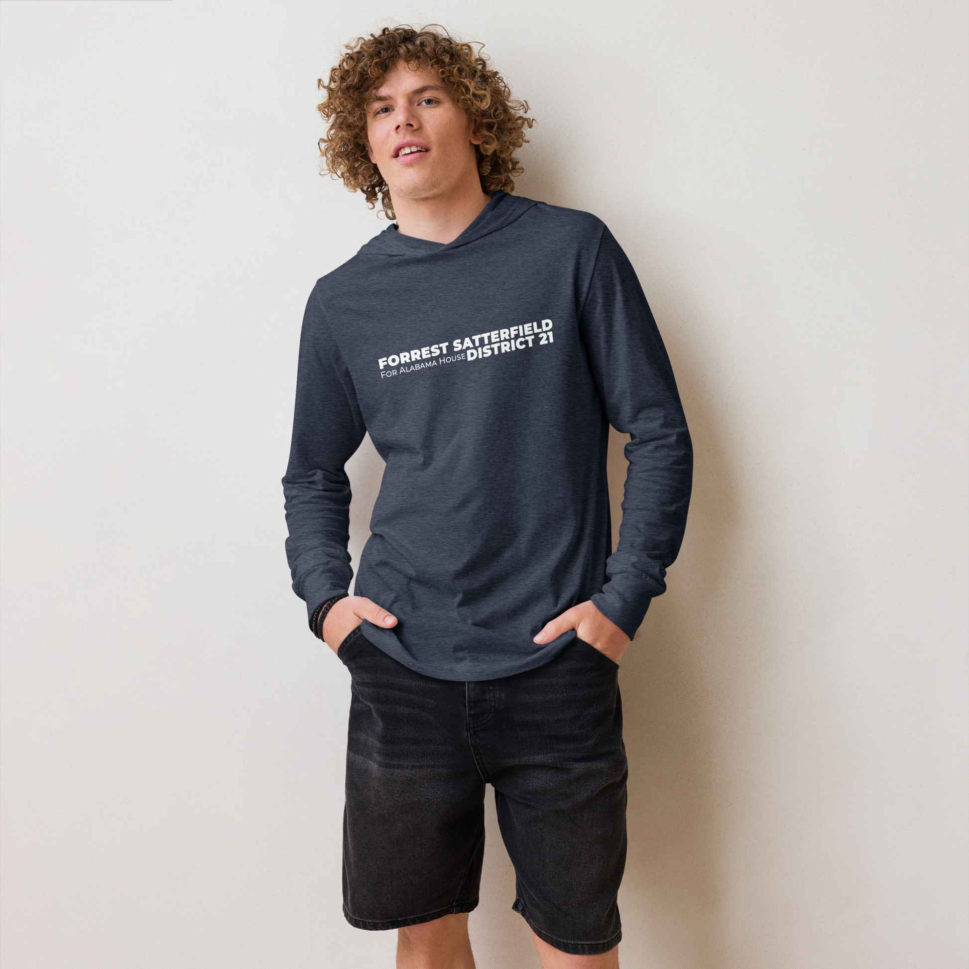 Forrest for Alabama heather navy hooded long-sleeve tee, front view detail
