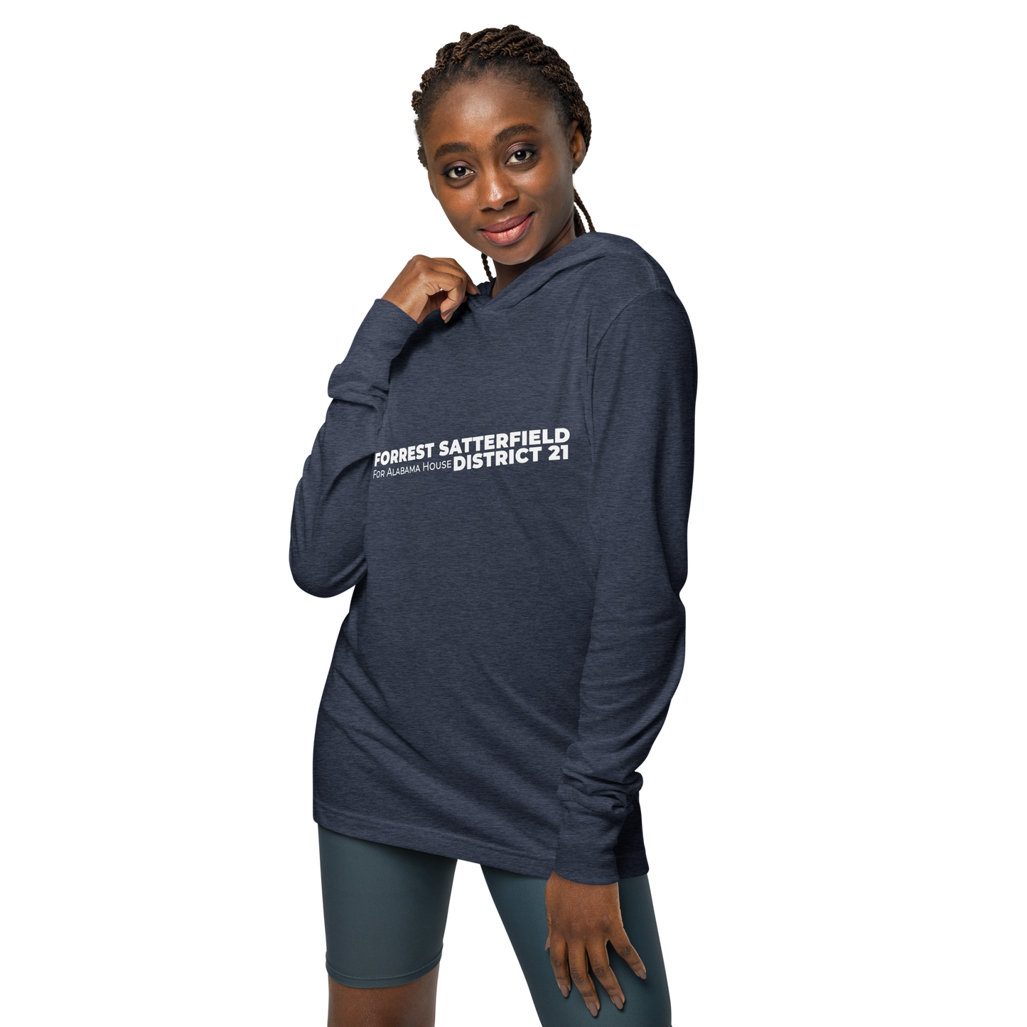 Forrest for Alabama heather navy hooded long-sleeve tee, front view angle