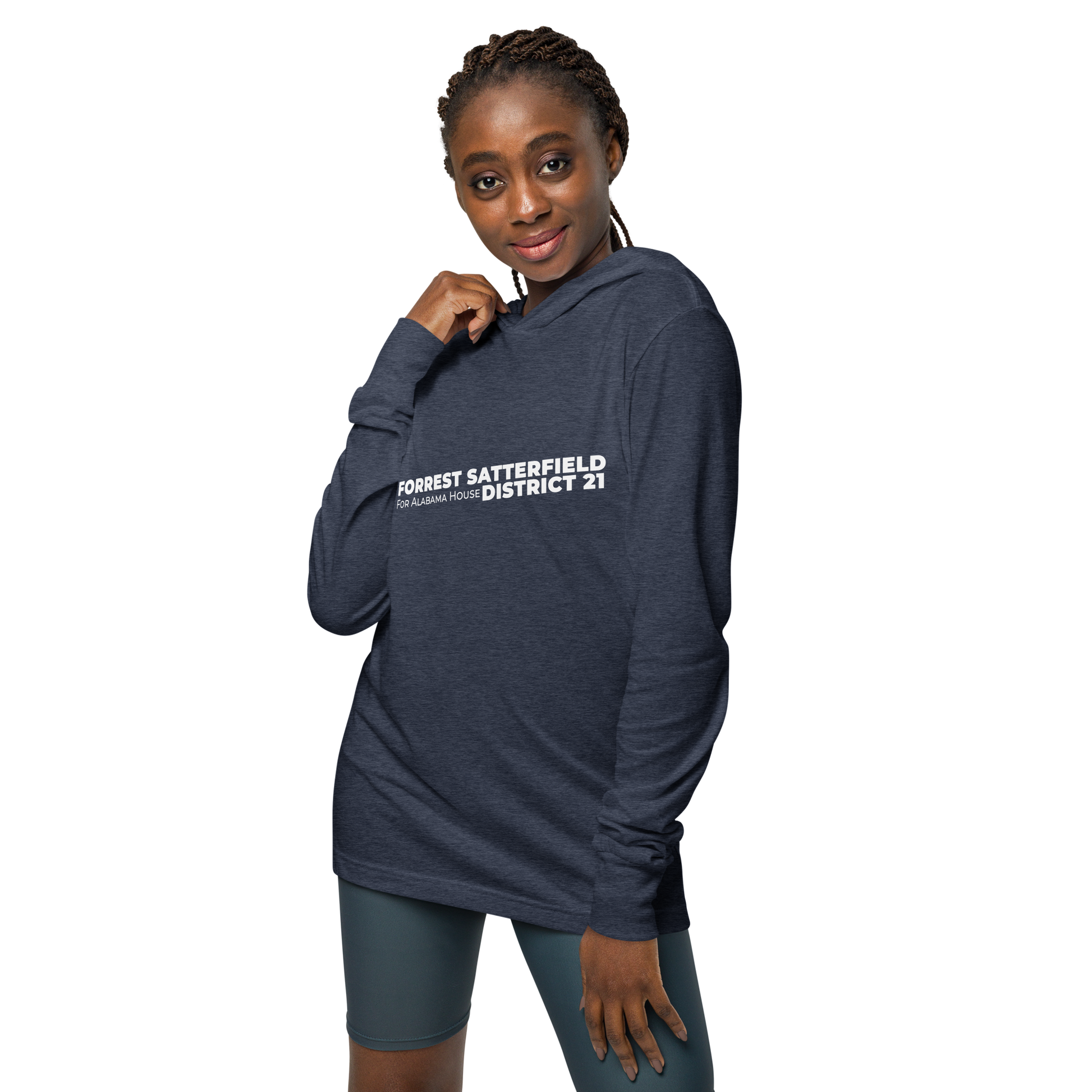 Forrest for Alabama heather navy hooded long-sleeve tee, front view angle