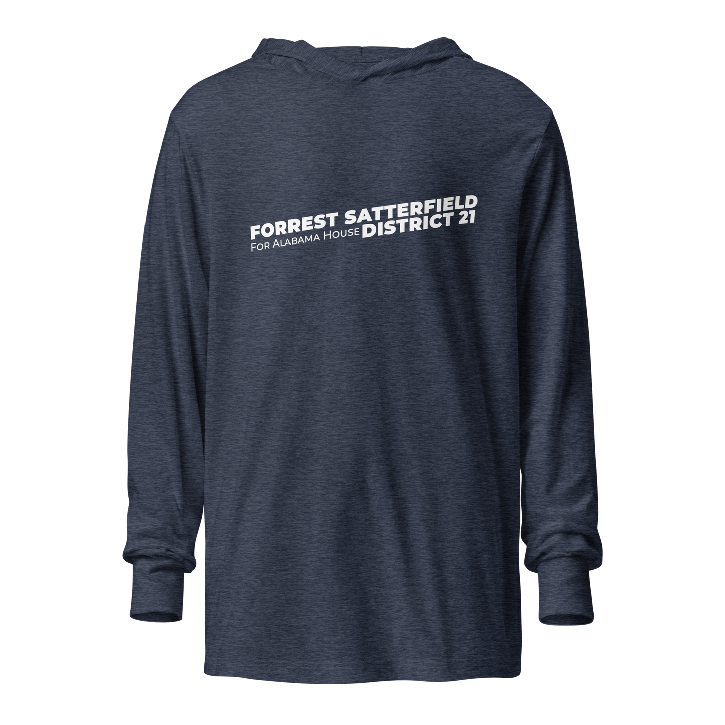 Forrest for Alabama heather navy hooded long-sleeve tee, front view