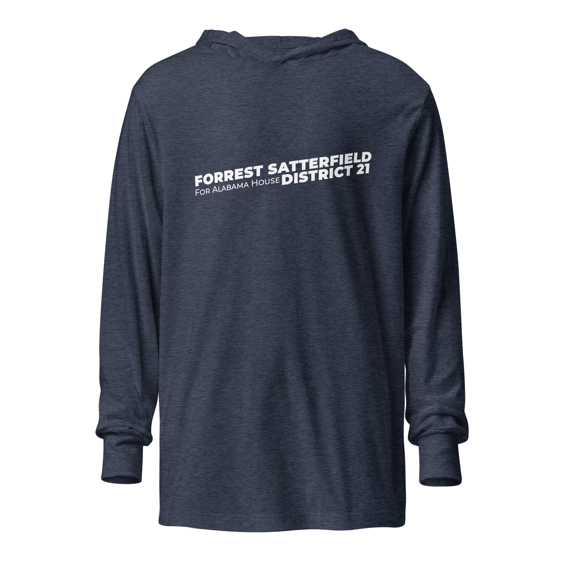 Forrest for Alabama heather navy hooded long-sleeve tee, front view