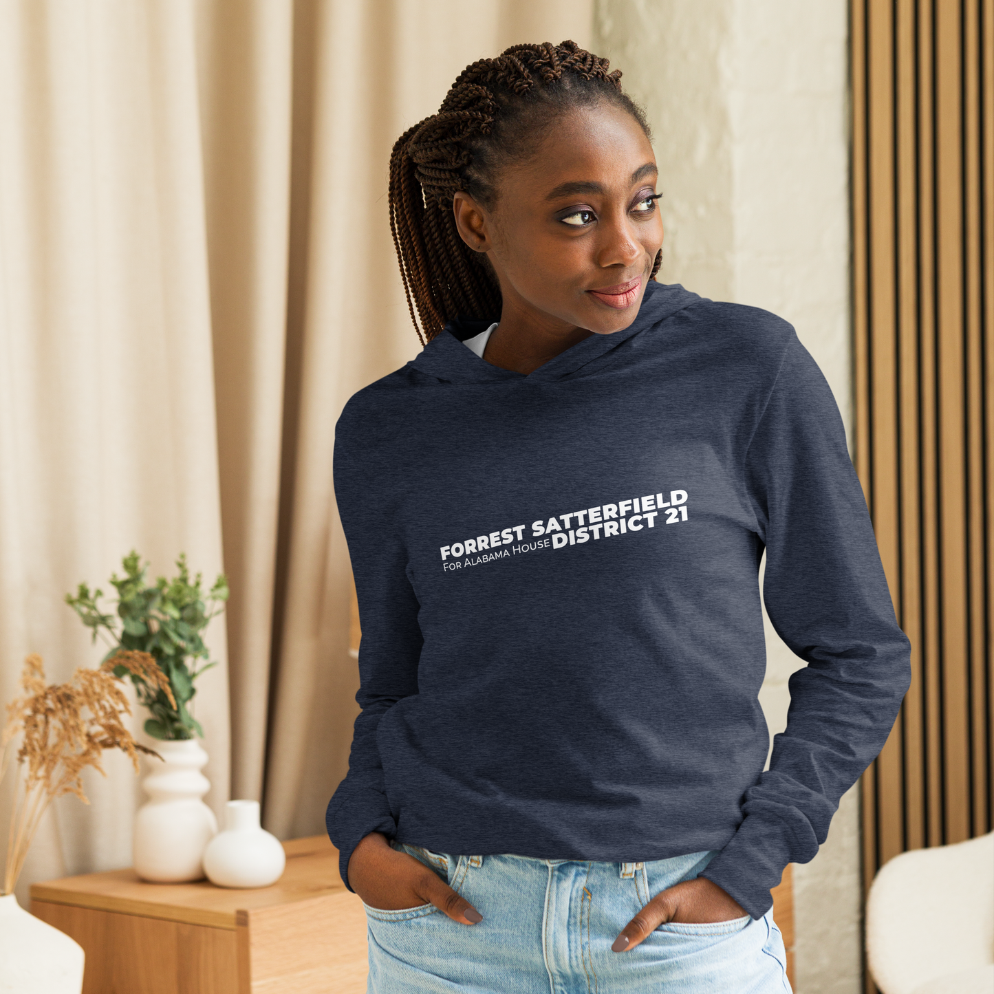 Forrest for Alabama heather navy hooded long-sleeve tee, front view