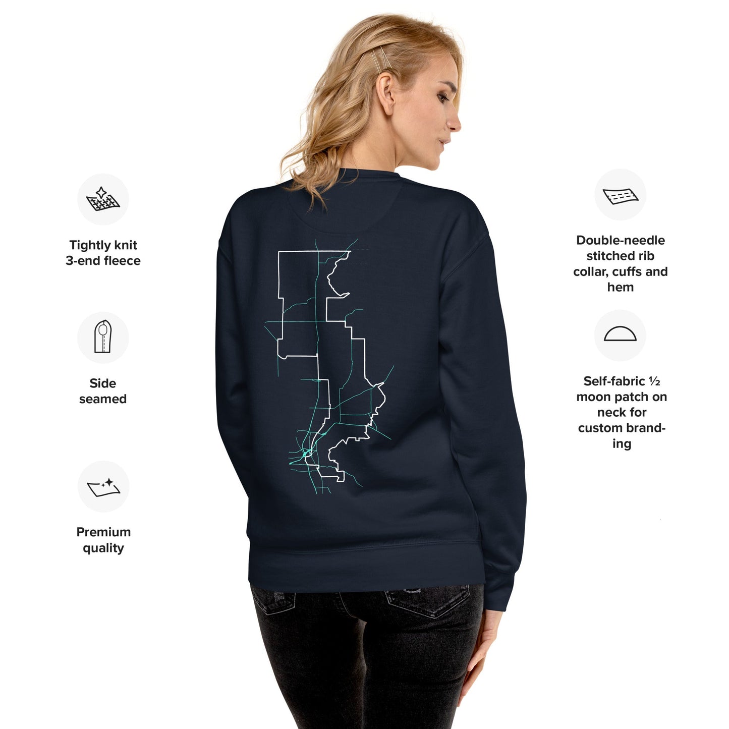 Forrest for Alabama navy premium sweatshirt, back view detail