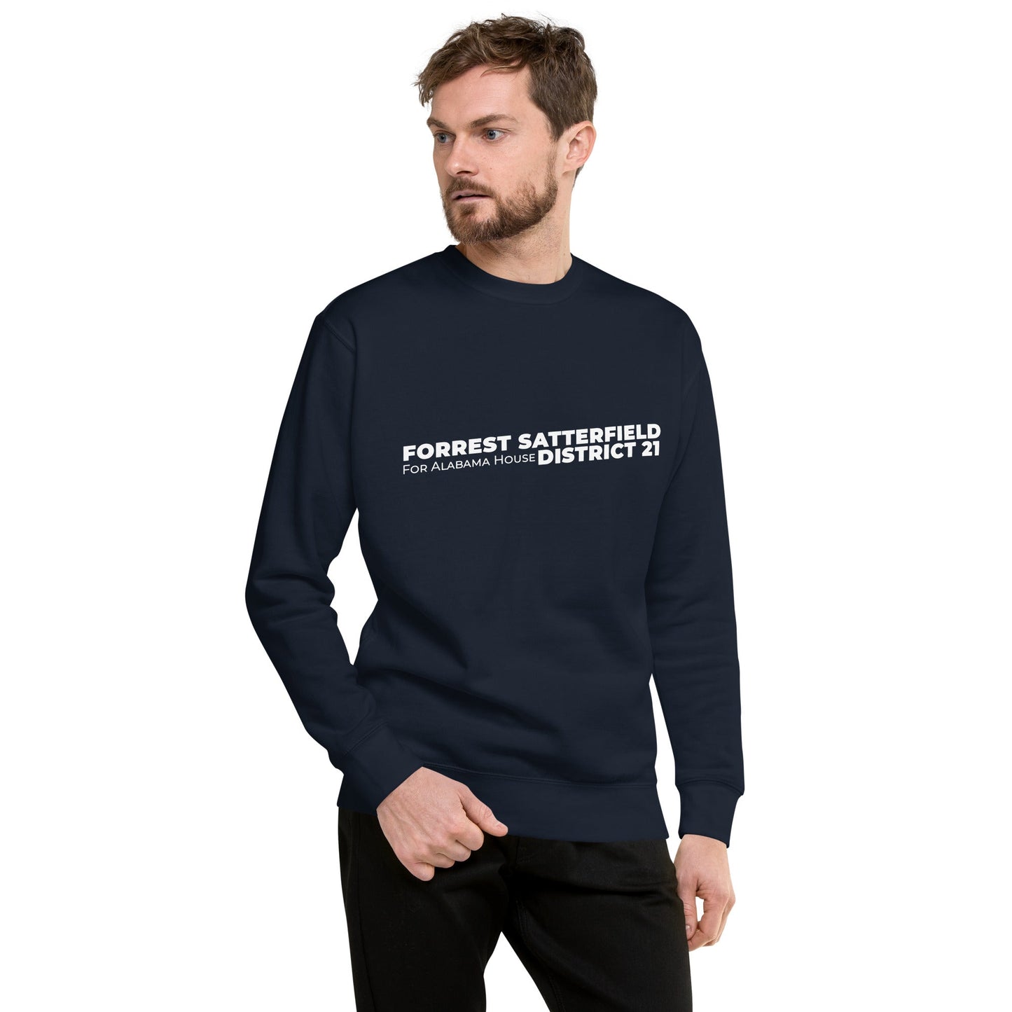 Forrest for Alabama navy premium sweatshirt, front view worn