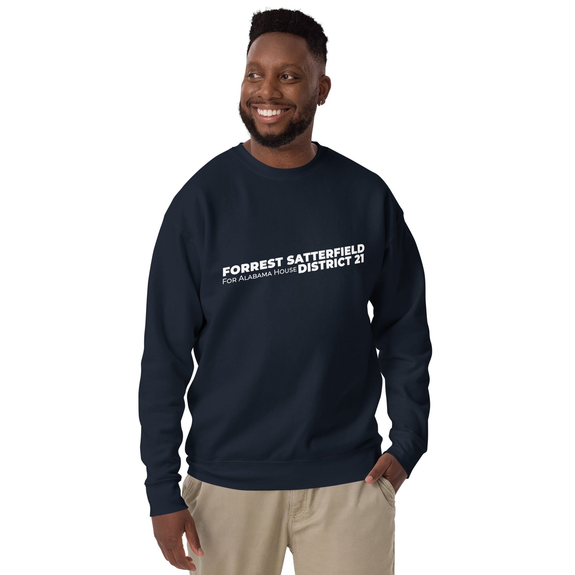 Forrest for Alabama navy premium sweatshirt, front view angle