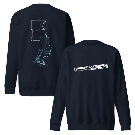 Forrest for Alabama navy premium sweatshirt, front and back view