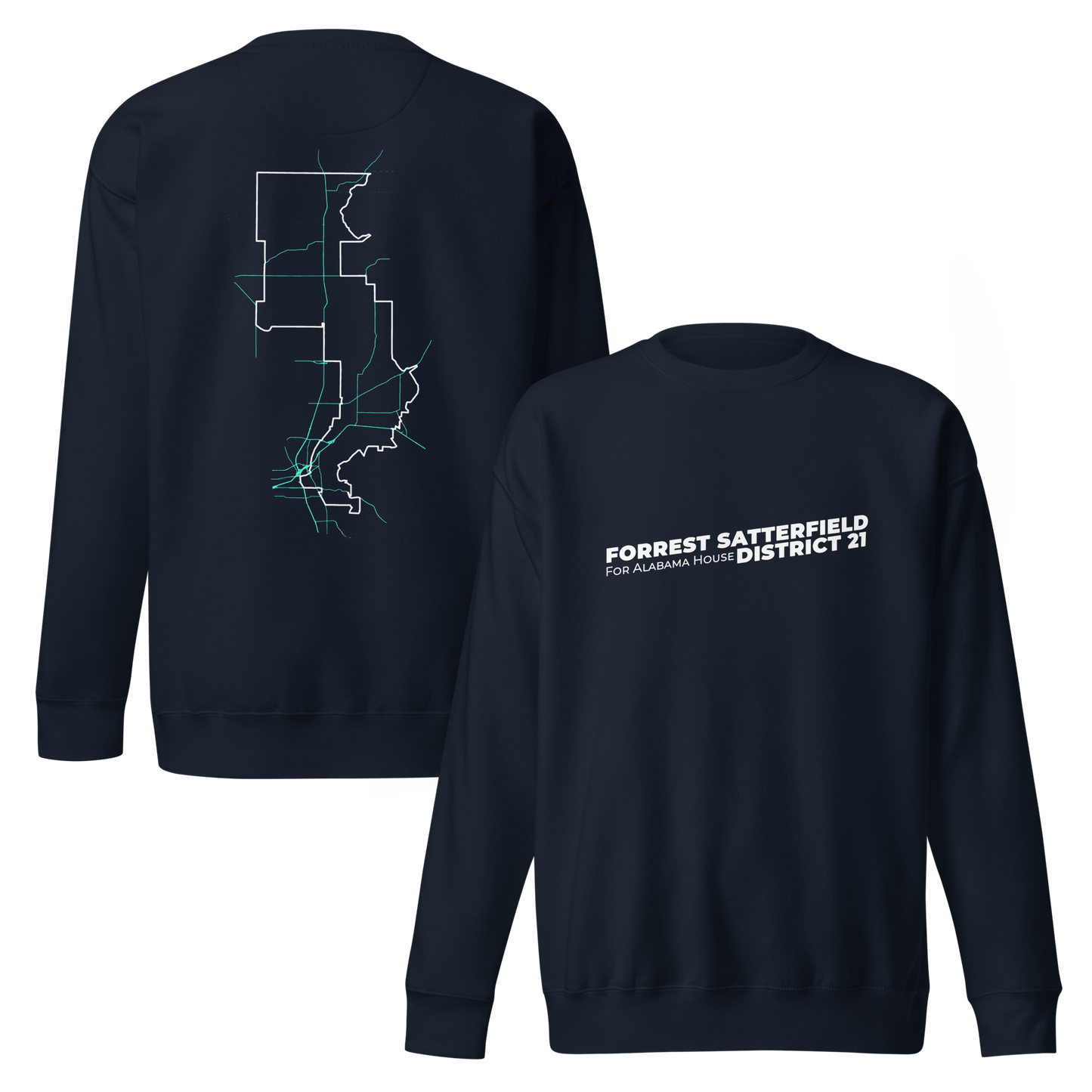 Forrest for Alabama navy premium sweatshirt, front and back view