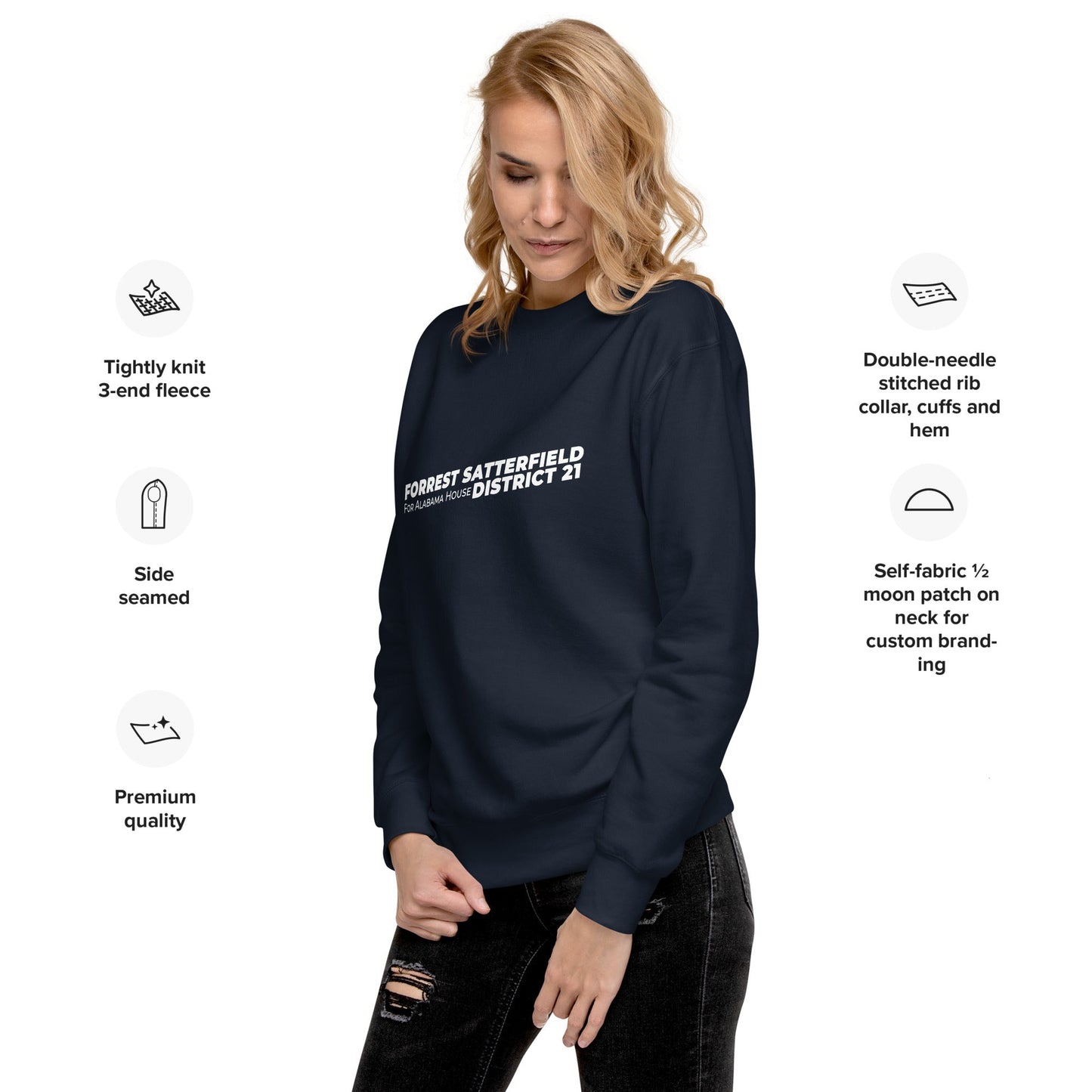Forrest for Alabama navy premium sweatshirt, left front view