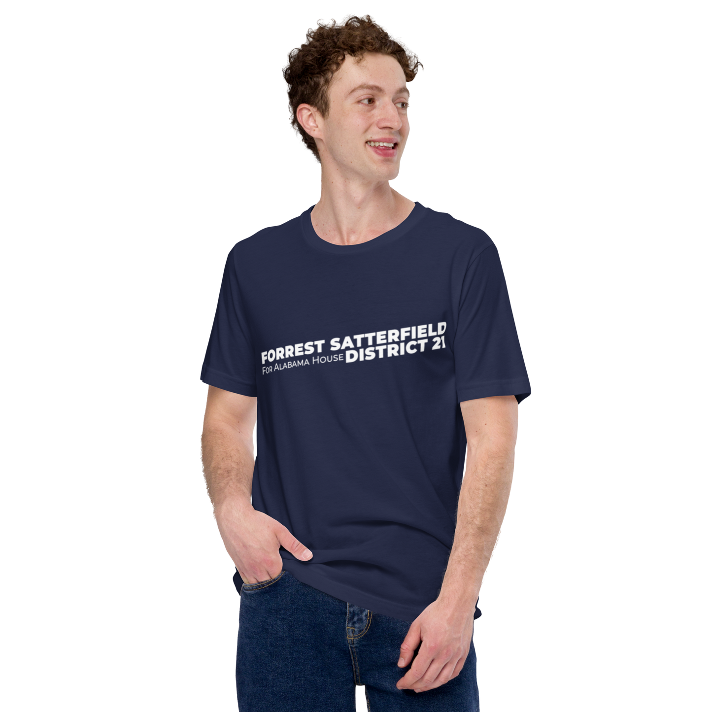 Forrest for Alabama navy campaign t-shirt, front view on model