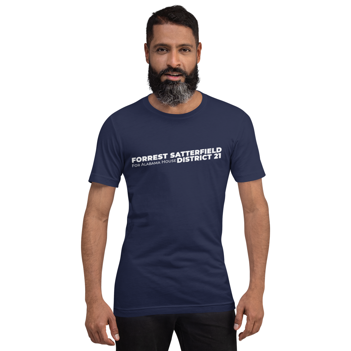 Forrest for Alabama navy campaign t-shirt, front view on model, angle