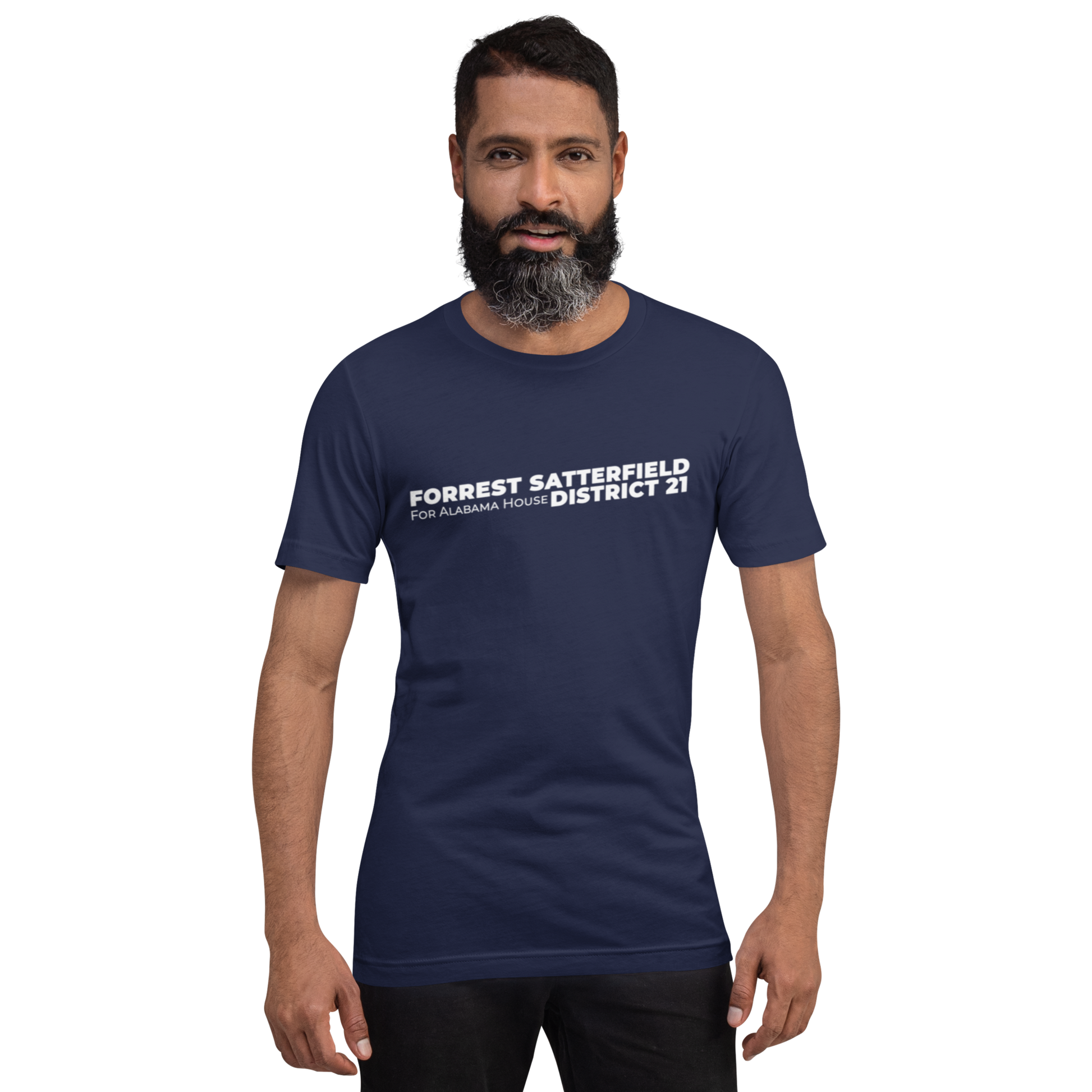Forrest for Alabama navy campaign t-shirt, front view on model, angle