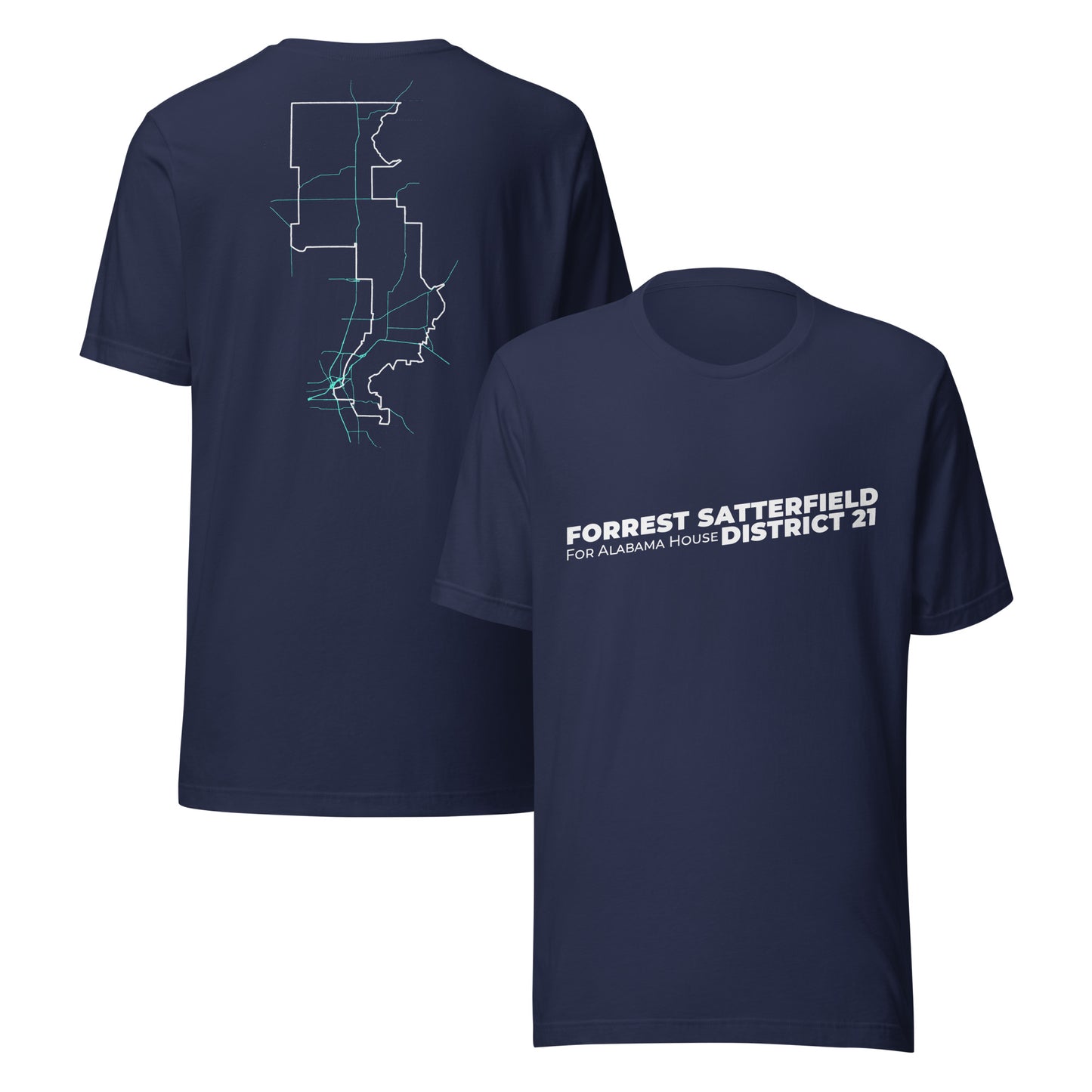 Forrest for Alabama navy campaign t-shirt, front and back view