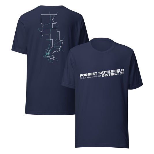 Forrest for Alabama navy campaign t-shirt, front and back view