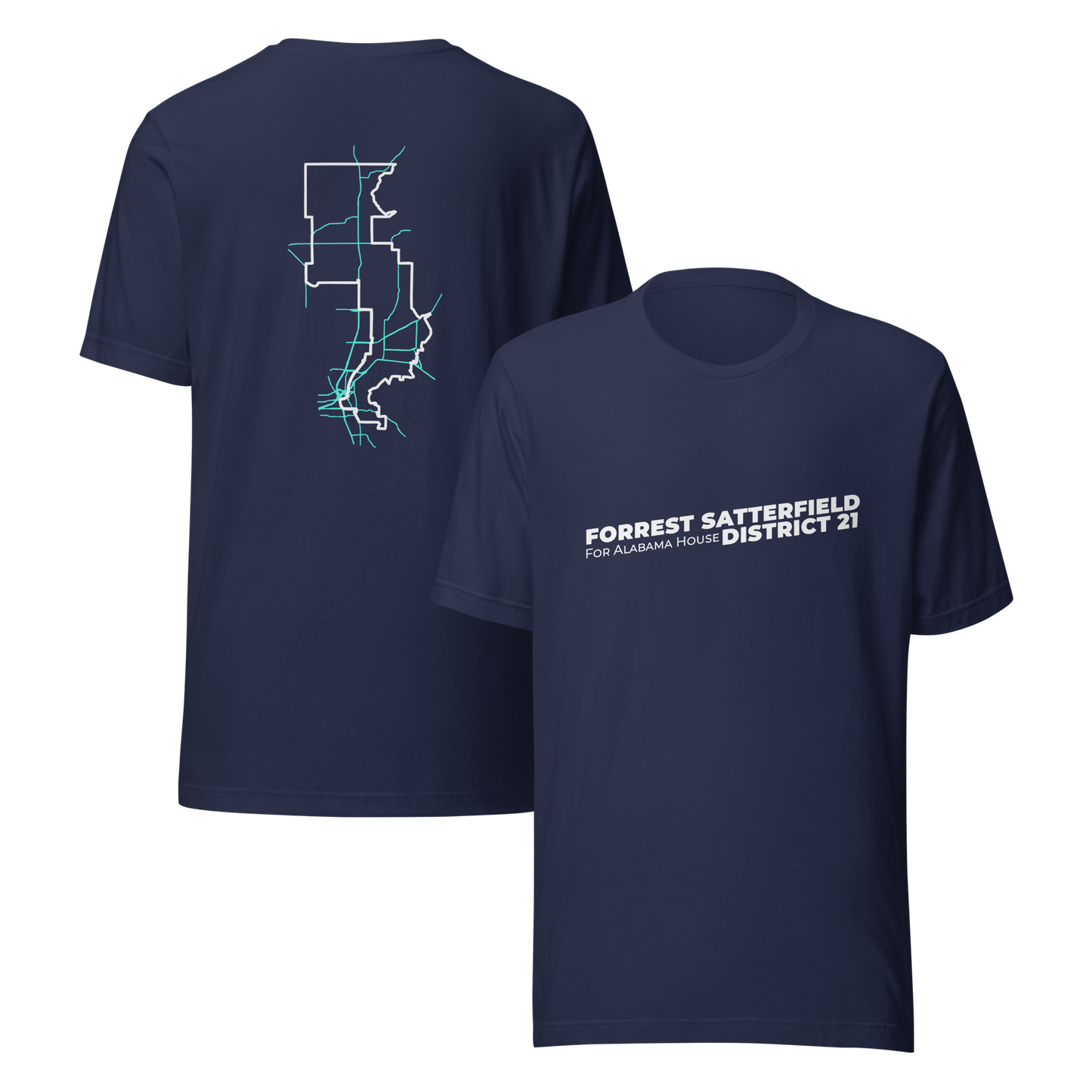 Forrest for Alabama navy campaign t-shirt, front and back view
