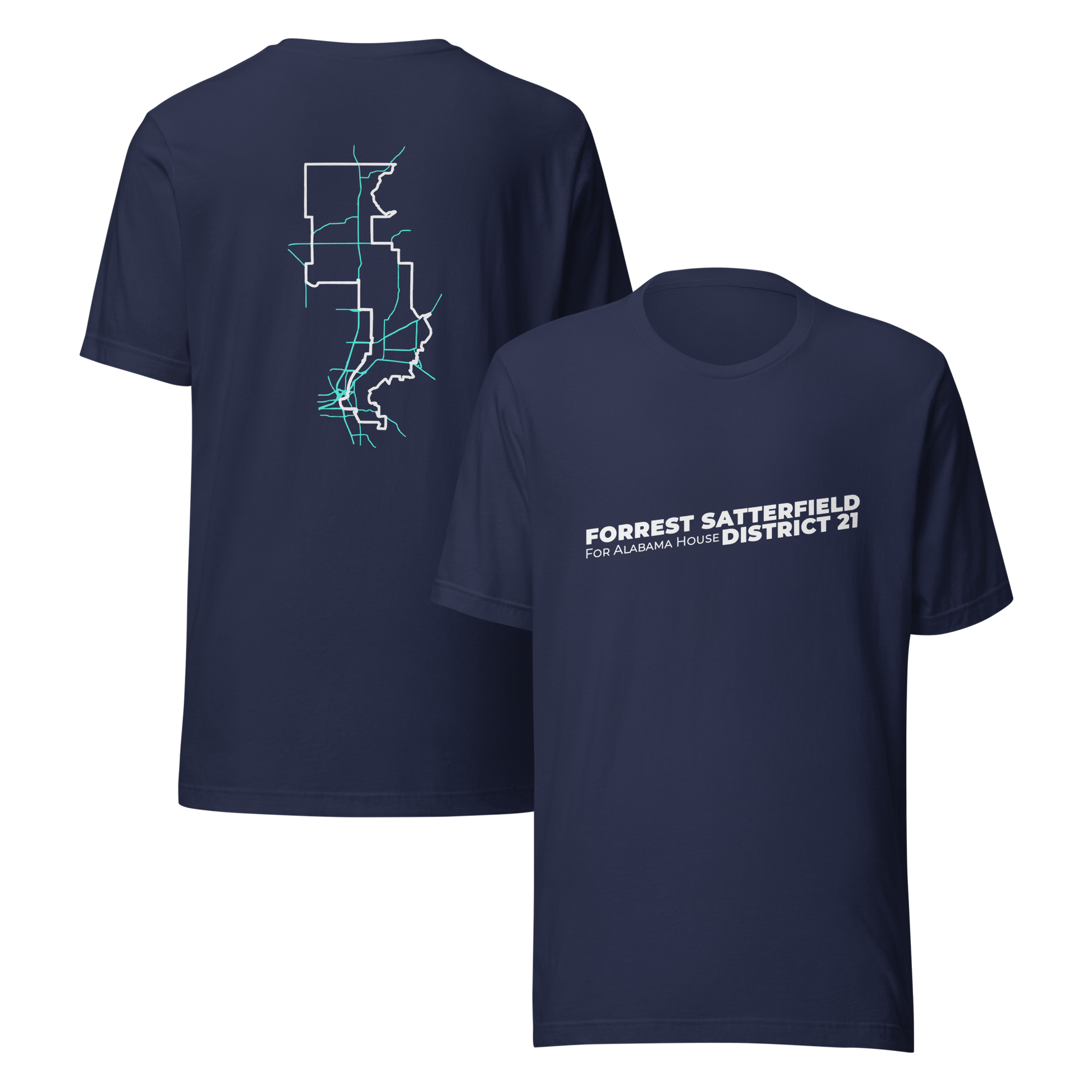 Forrest for Alabama navy campaign t-shirt, front and back view