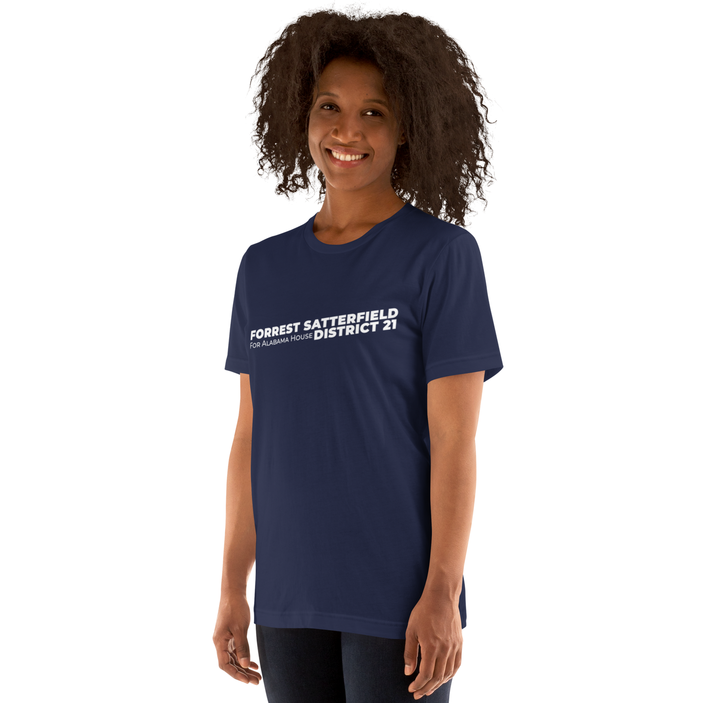 Forrest for Alabama navy campaign t-shirt, left front angle