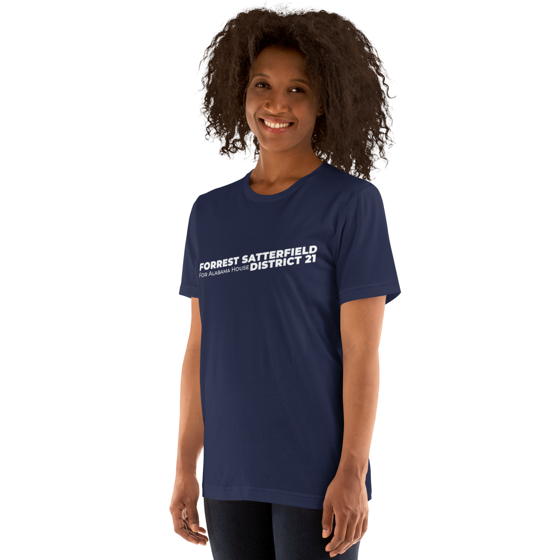 Forrest for Alabama navy campaign t-shirt, left front angle