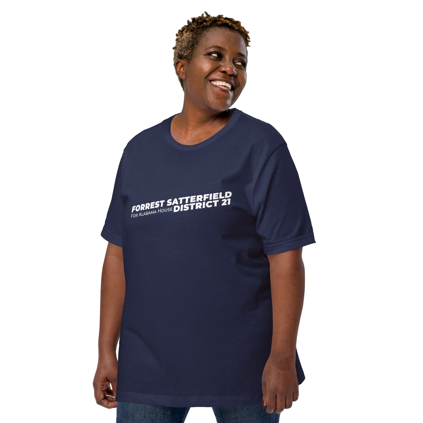 Forrest for Alabama navy campaign t-shirt, left front view