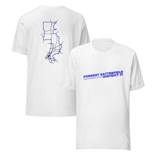 White unisex staple t-shirt shown front and back, with the blue Forrest Satterfield for Alabama House District 21 wordmark across the chest