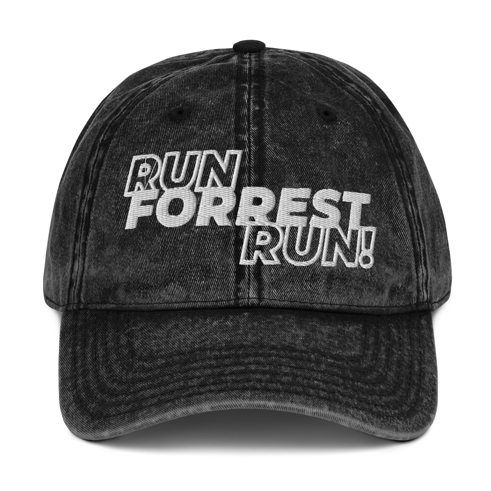 Run Forrest Run vintage washed black twill cap, front view