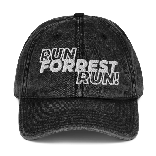 Run Forrest Run vintage washed black twill cap, front view