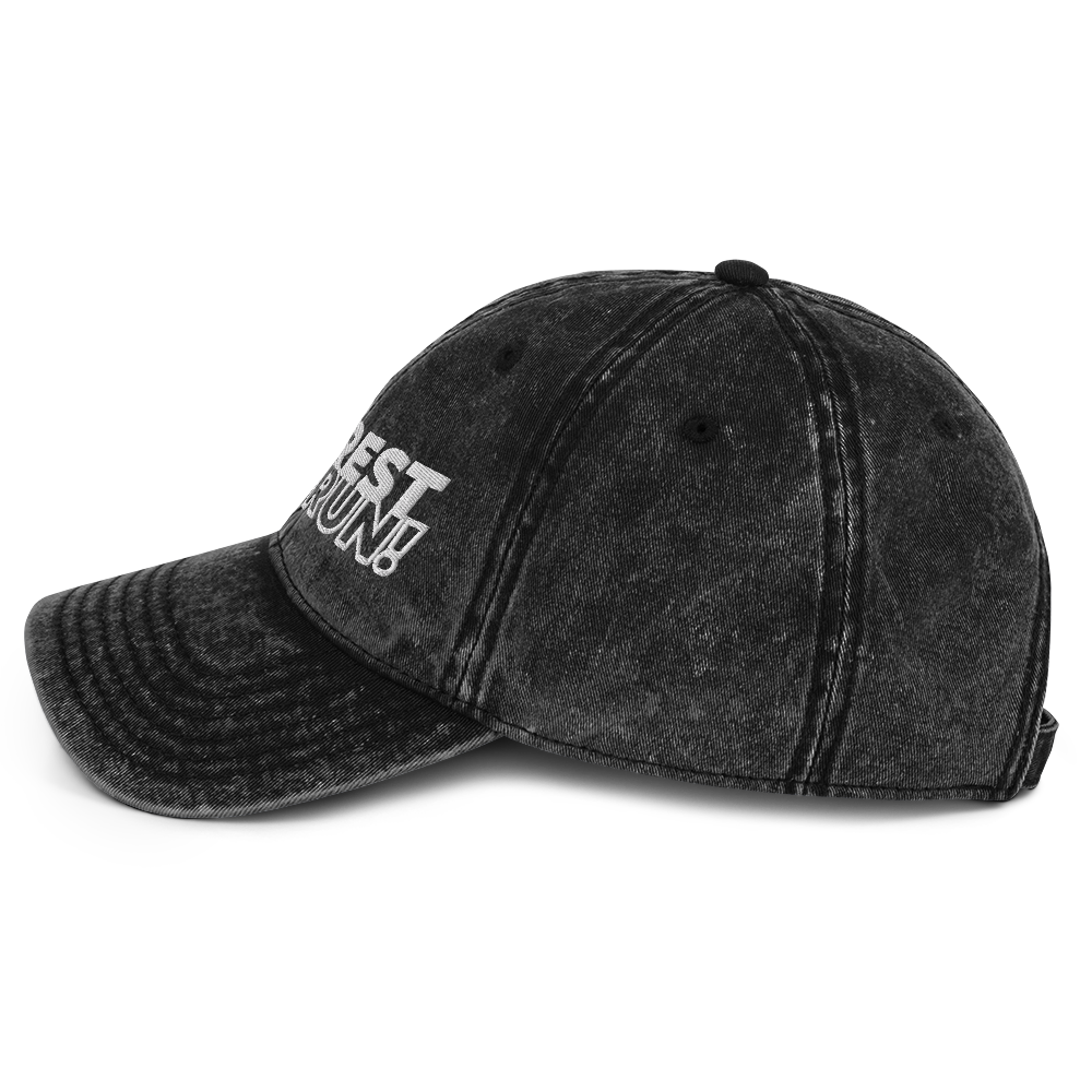 Run Forrest Run vintage washed black twill cap, left side view